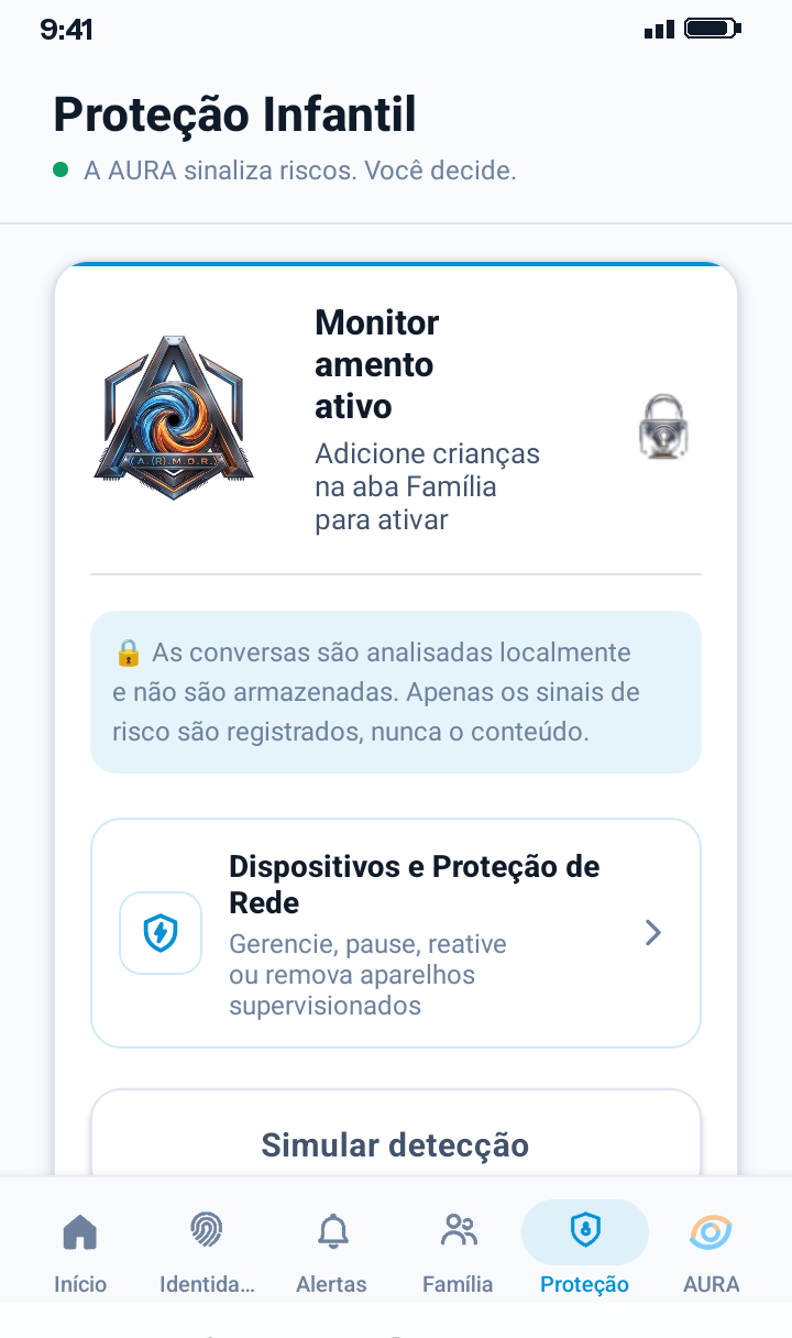 Tela Proteção Infantil com o acesso a Dispositivos e Proteção de Rede e o botão Simular detecção